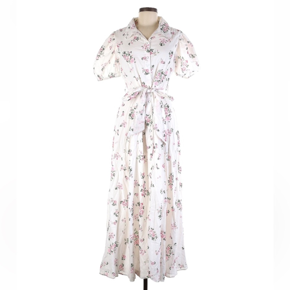JessaKae White and Pink Floral Maxi 100% Cotton Shirtdress